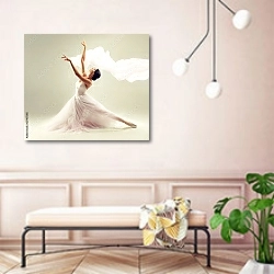 «Молодая грациозная балерина, одетая в профессиональный костюм, обувь и белую невесомую юбку, демонстрирует танцевальное мастерство» в интерьере современной прихожей в розовых тонах