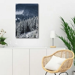 «Зимний хвойный лес» в интерьере гостиной в скандинавском стиле над комодом