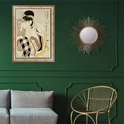 «A half length portrait of two women, from the series 'Twelve Forms Of Women's Handiwork'» в интерьере классической гостиной с зеленой стеной над диваном