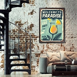 «Добро пожаловать в рай, старый металлический знак для тропических вечеринок» в интерьере двухярусной гостиной в стиле лофт с кирпичной стеной