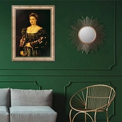 «Portrait of a Woman, called La Bella» в интерьере классической гостиной с зеленой стеной над диваном