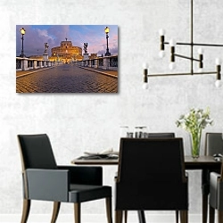 «Италия. Мост к замку Святого Ангела в Риме» в интерьере современной столовой с черными креслами