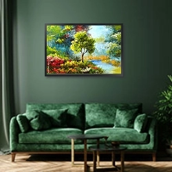 «Цветы и деревья у реки» в интерьере зеленой гостиной над диваном