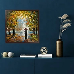 «Влюбленная пара под дождем в осеннем парке» в интерьере в классическом стиле в синих тонах