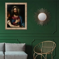 «The Temptation of Christ, c.1516-25» в интерьере классической гостиной с зеленой стеной над диваном