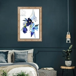 «Flower drawn with blue tone» в интерьере классической спальни с темными стенами