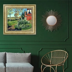 «Цветы последние. 1908» в интерьере классической гостиной с зеленой стеной над диваном