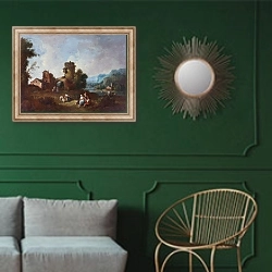 «Пейзаж с разрушенной башней» в интерьере классической гостиной с зеленой стеной над диваном