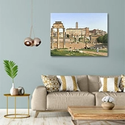 «Вид на Римский форум» в интерьере современной гостиной с голубыми стенами