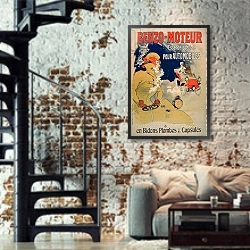 «Poster advertising 'Benzo-Moteur' Motor Oil Especially for Automobiles, 1901» в интерьере двухярусной гостиной в стиле лофт с кирпичной стеной