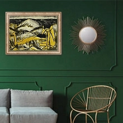 «Dunes One Sitting and Girl Lying Down; Ein in Dunen Sitzendes und ein Liegendes Madchen, 1920-24» в интерьере классической гостиной с зеленой стеной над диваном