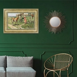 «Испугалась. 1896» в интерьере классической гостиной с зеленой стеной над диваном