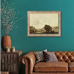 «Autumn – Evening – Maturity» в интерьере гостиной с зеленой стеной над диваном