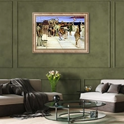 «A Dedication to Bacchus, 1889 2» в интерьере гостиной в оливковых тонах