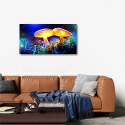 «Два светящихся гриба в загадочном темном лесу» в интерьере современной гостиной над диваном