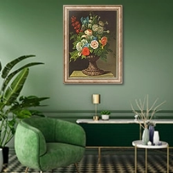 «Still Life with Flowers 2 1» в интерьере гостиной в зеленых тонах
