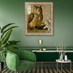 «Eagle Owl and Cat with Dead Rats» в интерьере гостиной в зеленых тонах