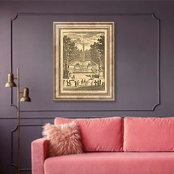 «Вид на фонтан Дианы в Версале» в интерьере гостиной с розовым диваном