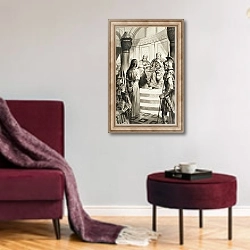 «Christ in front of Pontius Pilate» в интерьере гостиной в бордовых тонах