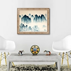 «Китайский горный пейзаж с деревушкой» в интерьере гостиной в этническом стиле над столом
