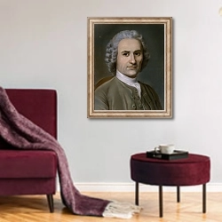 «Portrait of a man with a powdered wig» в интерьере гостиной в бордовых тонах