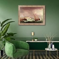 «Shipping off Dover» в интерьере гостиной в зеленых тонах