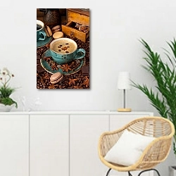 «Кофе в старинной кашке с печеньем и шоколадом» в интерьере гостиной в скандинавском стиле над комодом