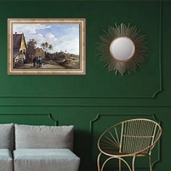«Вид на деревню 2» в интерьере классической гостиной с зеленой стеной над диваном