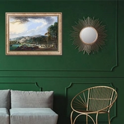 «View of El Arenal de Bilbao» в интерьере классической гостиной с зеленой стеной над диваном