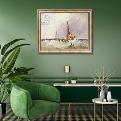 «Shipping in the Solent, 19th century» в интерьере гостиной в зеленых тонах