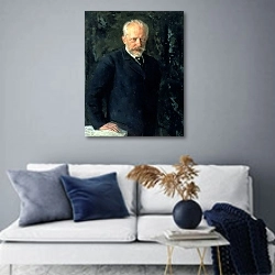 «Portrait of Piotr Ilyich Tchaikovsky, Russian composer, 1893» в интерьере современной гостиной в синих тонах