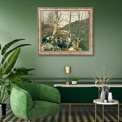 «Early Spring in the Vienna Woods» в интерьере гостиной в зеленых тонах