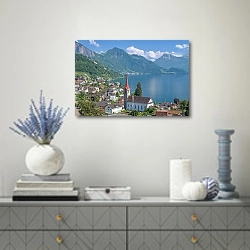 «Швейцария. Курорт Веггис городок на берегу Люцернского озера» в интерьере современной гостиной с голубыми деталями