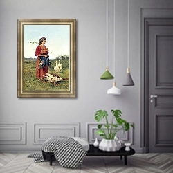 «Девочка с гусями. 1875» в интерьере гостиной в зеленых тонах