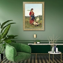 «Девочка с гусями. 1875» в интерьере гостиной в зеленых тонах