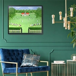 «The Cricket Match, 1981» в интерьере классической гостиной с зеленой стеной над диваном