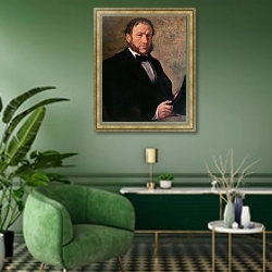 «Portrait of Monsieur Ruelle, 1861» в интерьере гостиной в зеленых тонах