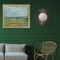 «Landscape in Pontoise, 1877» в интерьере классической гостиной с зеленой стеной над диваном
