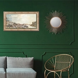 «View of the Port Saint-Paul, Paris, 1782» в интерьере классической гостиной с зеленой стеной над диваном