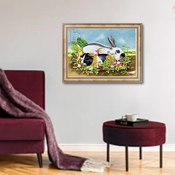 «Rabbit and Guinea Pig, 1998» в интерьере гостиной в бордовых тонах