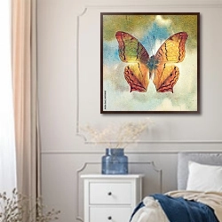 «Оранжевая бабочка на фоне неба в стиле ретро» в интерьере спальни в стиле прованс с синими деталями