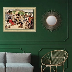 «Haggling for Eastern Slaves, 1909» в интерьере классической гостиной с зеленой стеной над диваном