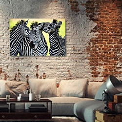 «Три зебры» в интерьере гостиной в стиле лофт с кирпичной стеной