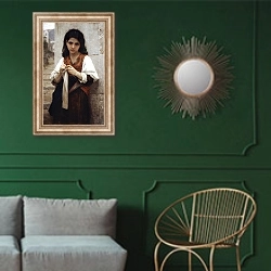 «Вязальщица 2» в интерьере классической гостиной с зеленой стеной над диваном