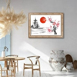 «Традиционный японский пейзаж с пагодой и цветущей сакурой на фоне красного солнца» в интерьере столовой в этническом стиле