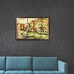 «Италия. Улицы Италии #13, Венеция. Винтаж» в интерьере в стиле лофт с черной кирпичной стеной