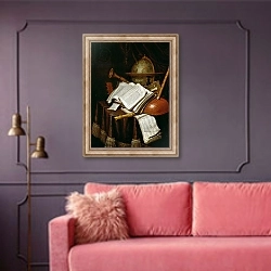 «Vanitas with a globe, musical scores and instruments, 1692» в интерьере гостиной с розовым диваном