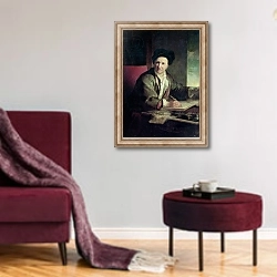 «Portrait of Bernard le Bovier de Fontenelle» в интерьере гостиной в бордовых тонах