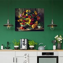 «Большой натюрморт с садовыми цветами и овощами» в интерьере кухни с зелеными стенами