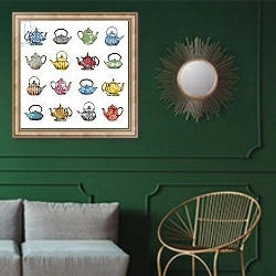 «Anyone for tea? 2012» в интерьере классической гостиной с зеленой стеной над диваном